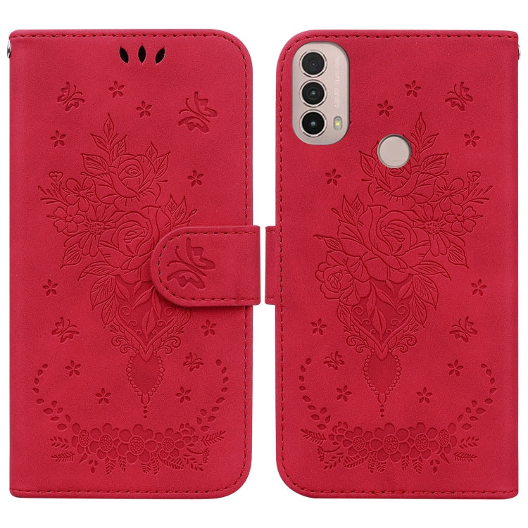 For Motorola Moto E20 / E30 / E40 Butterfly Rose Embossed Leather Phone Case