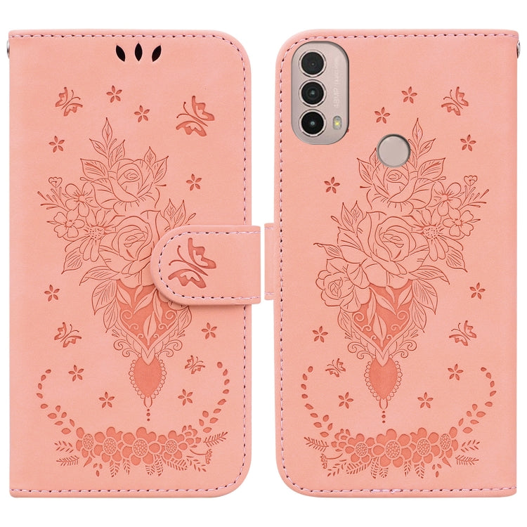 For Motorola Moto E20 / E30 / E40 Butterfly Rose Embossed Leather Phone Case