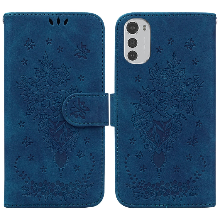 For Motorola Moto E32 Butterfly Rose Embossed Leather Phone Case