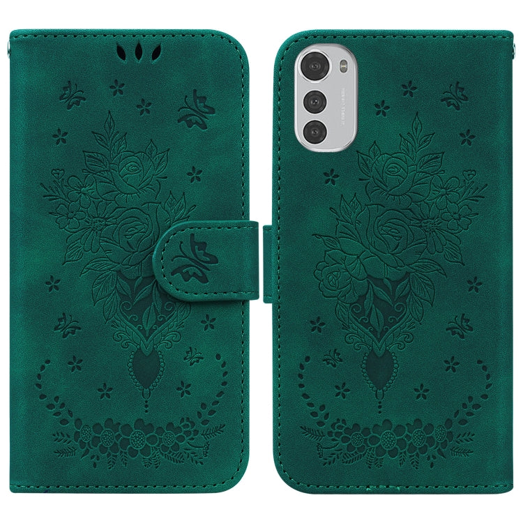 For Motorola Moto E32 Butterfly Rose Embossed Leather Phone Case