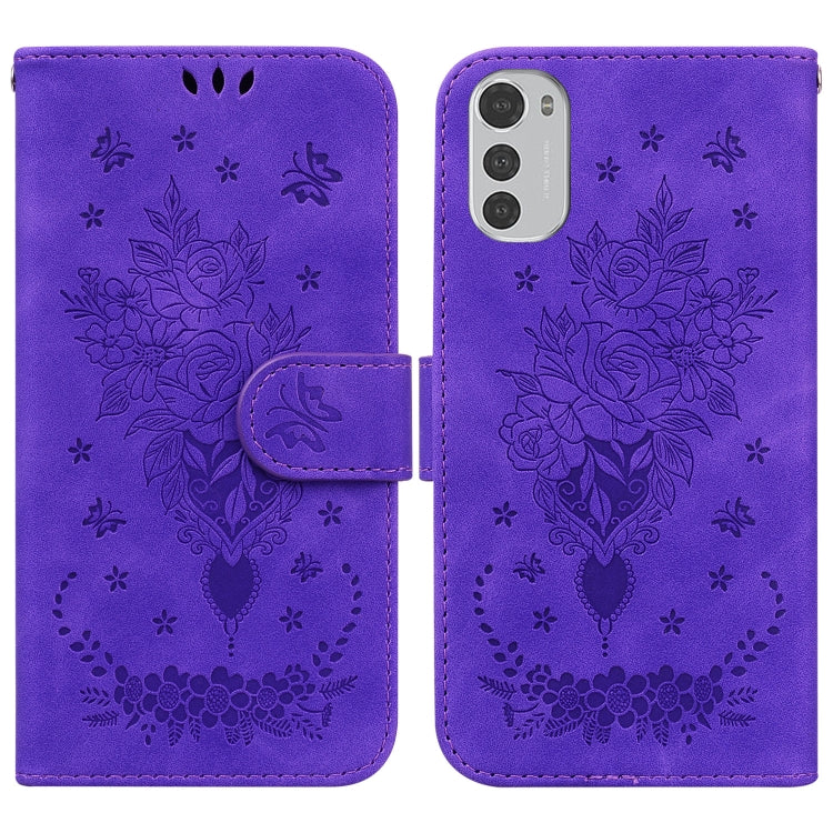 For Motorola Moto E32 Butterfly Rose Embossed Leather Phone Case