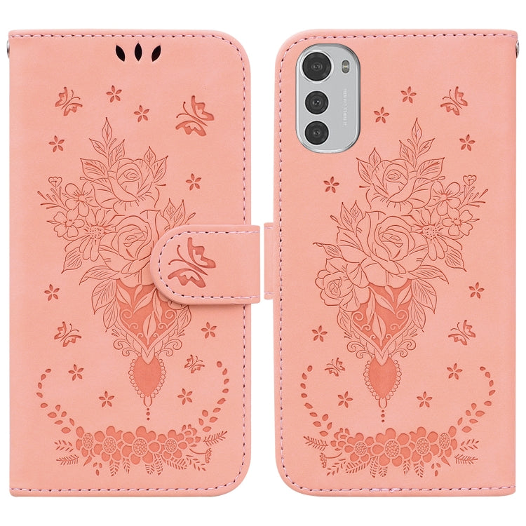 For Motorola Moto E32 Butterfly Rose Embossed Leather Phone Case