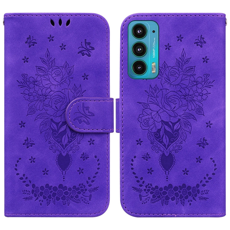 For Motorola Edge 20 Butterfly Rose Embossed Leather Phone Case