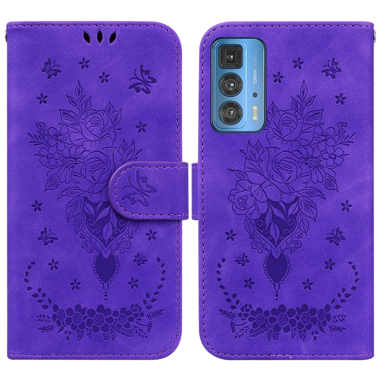 For Motorola Edge 20 Pro Butterfly Rose Embossed Leather Phone Case
