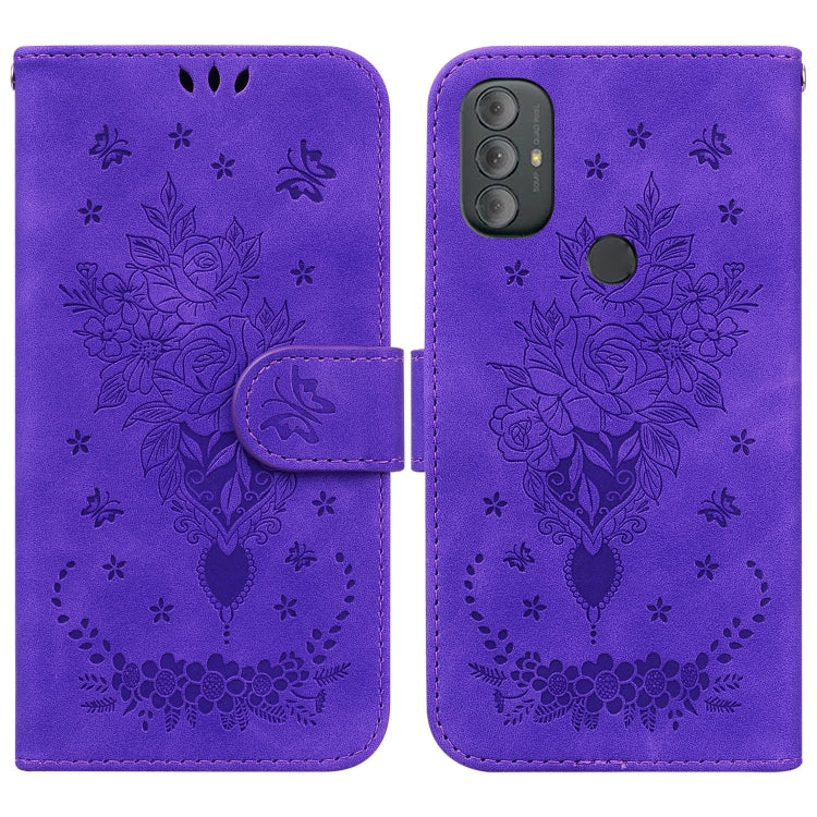 For Motorola Moto G Power 2022 Butterfly Rose Embossed Leather Phone Case