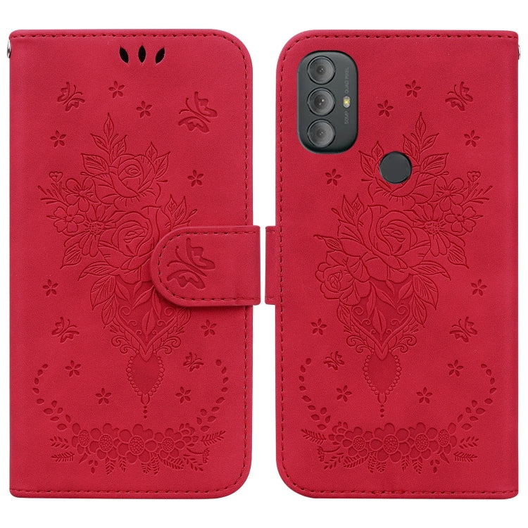 For Motorola Moto G Power 2022 Butterfly Rose Embossed Leather Phone Case
