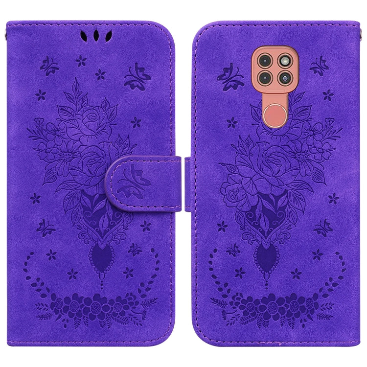For Motorola Moto G9 Plus Butterfly Rose Embossed Leather Phone Case