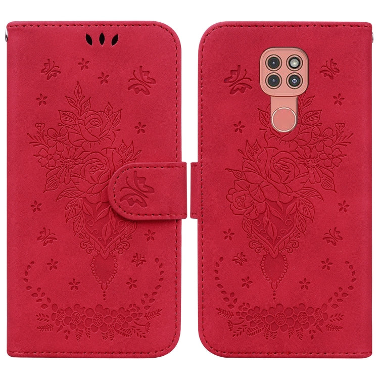 For Motorola Moto G9 Plus Butterfly Rose Embossed Leather Phone Case
