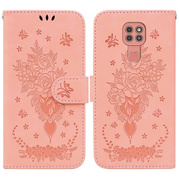 For Motorola Moto G9 Plus Butterfly Rose Embossed Leather Phone Case