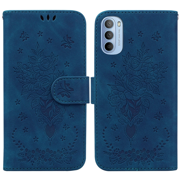 For Motorola Moto G51 Butterfly Rose Embossed Leather Phone Case