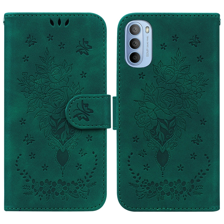 For Motorola Moto G51 Butterfly Rose Embossed Leather Phone Case