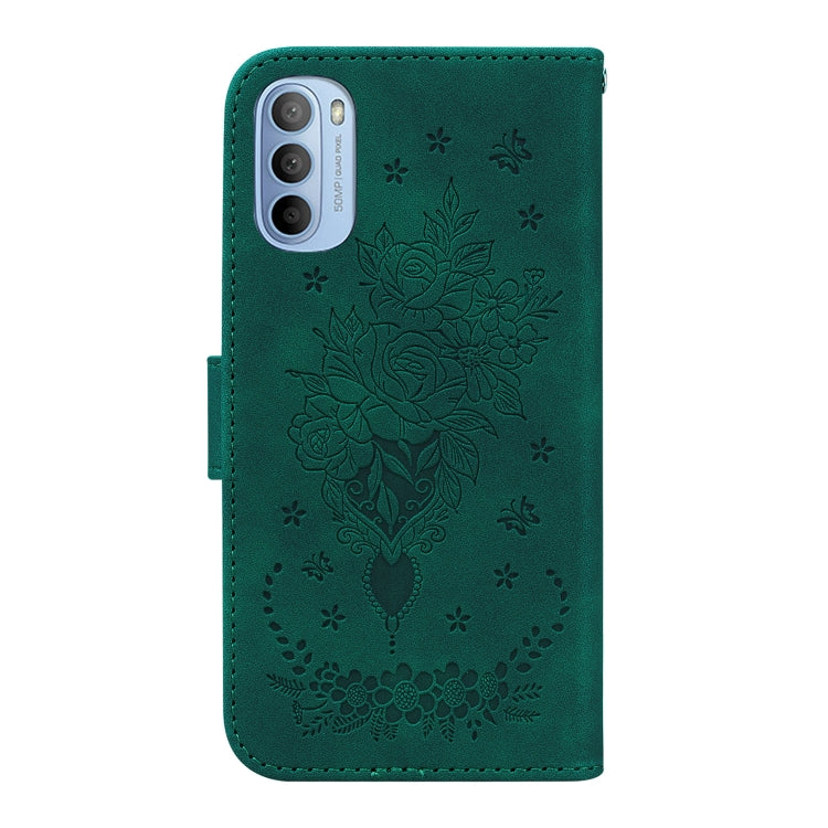 For Motorola Moto G51 Butterfly Rose Embossed Leather Phone Case