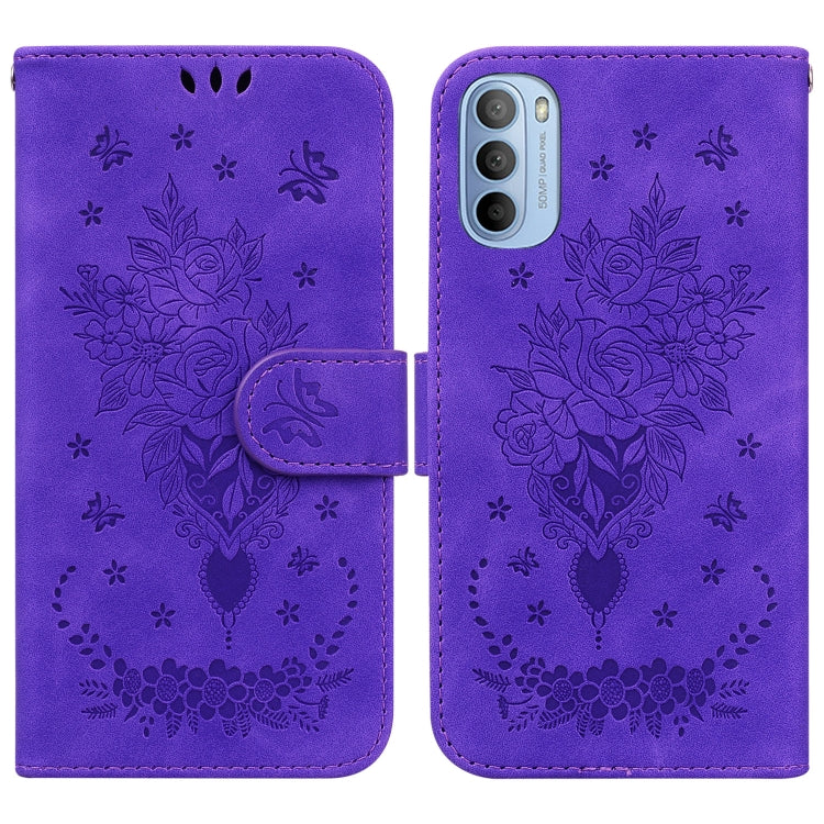 For Motorola Moto G51 Butterfly Rose Embossed Leather Phone Case