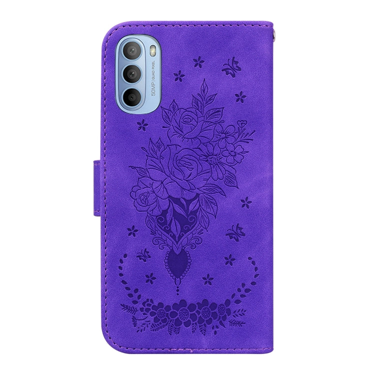 For Motorola Moto G51 Butterfly Rose Embossed Leather Phone Case