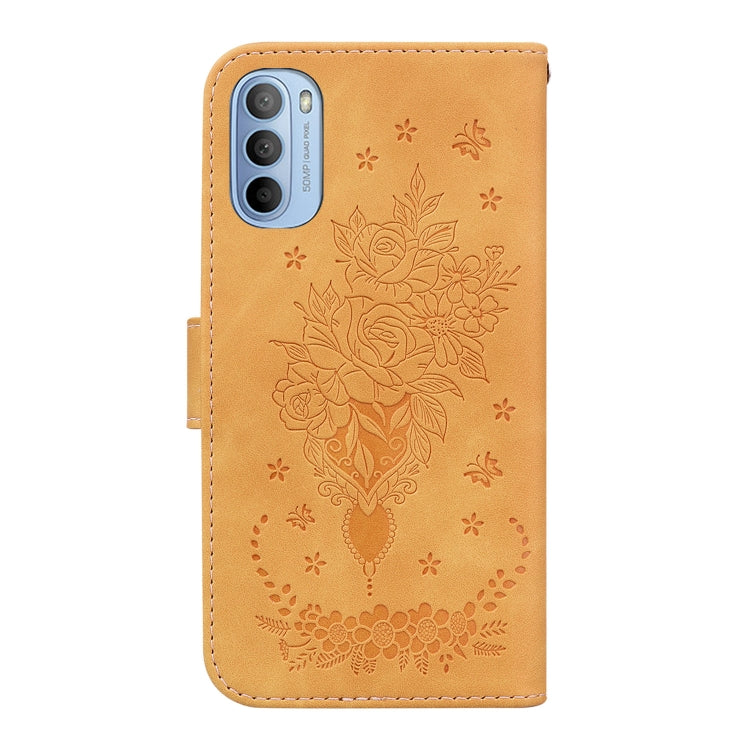 For Motorola Moto G51 Butterfly Rose Embossed Leather Phone Case