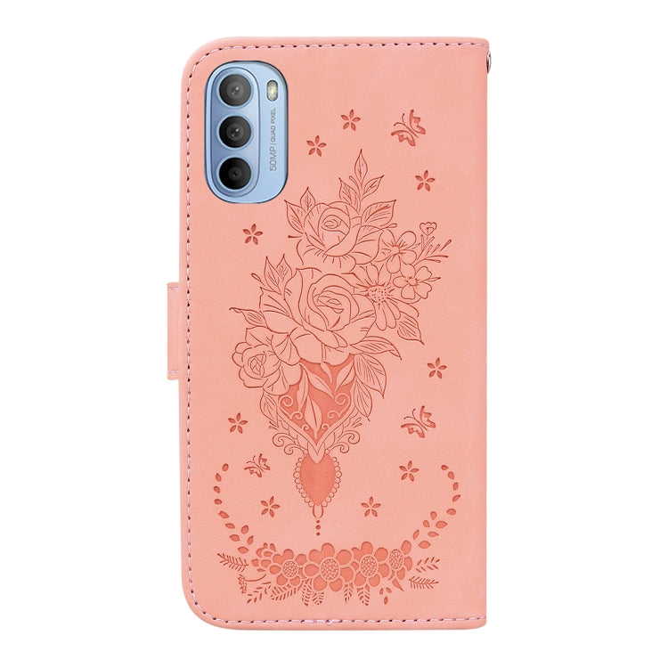For Motorola Moto G51 Butterfly Rose Embossed Leather Phone Case