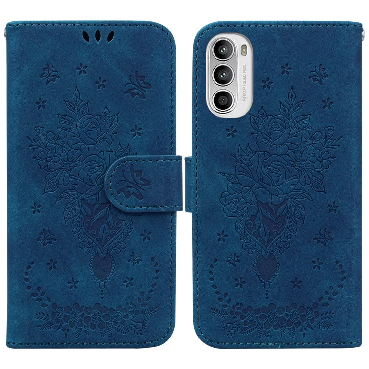 For Motorola Moto G52 Butterfly Rose Embossed Leather Phone Case
