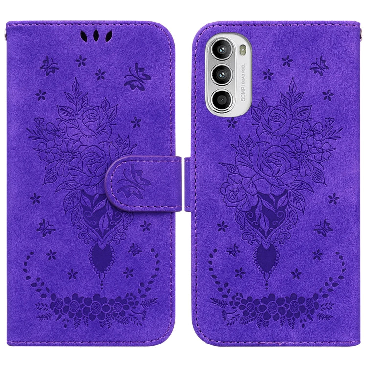 For Motorola Moto G52 Butterfly Rose Embossed Leather Phone Case