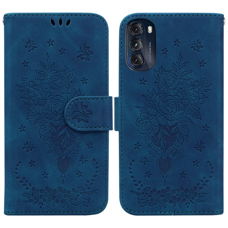 For Motorola Moto G 2022 Butterfly Rose Embossed Leather Phone Case