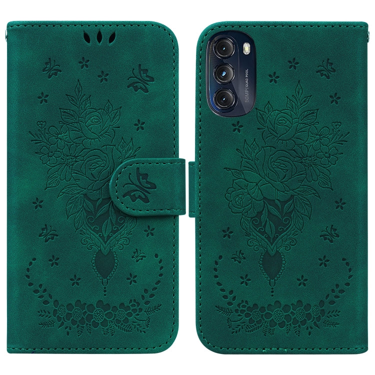 For Motorola Moto G 2022 Butterfly Rose Embossed Leather Phone Case
