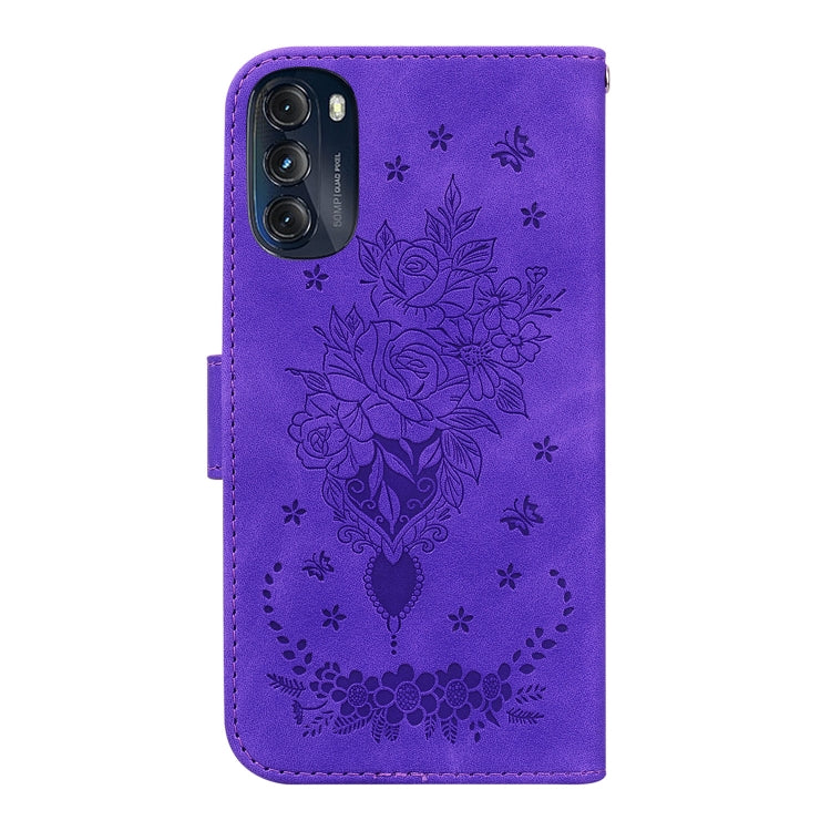 For Motorola Moto G 2022 Butterfly Rose Embossed Leather Phone Case