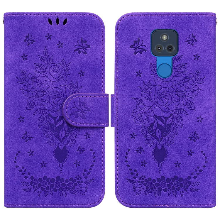 For Motorola Moto G Play 2021 Butterfly Rose Embossed Leather Phone Case