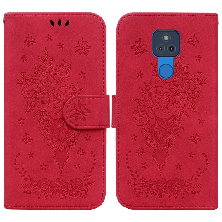 For Motorola Moto G Play 2021 Butterfly Rose Embossed Leather Phone Case