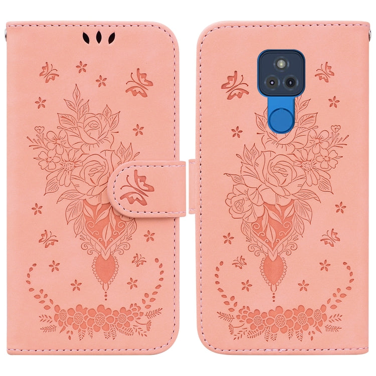 For Motorola Moto G Play 2021 Butterfly Rose Embossed Leather Phone Case