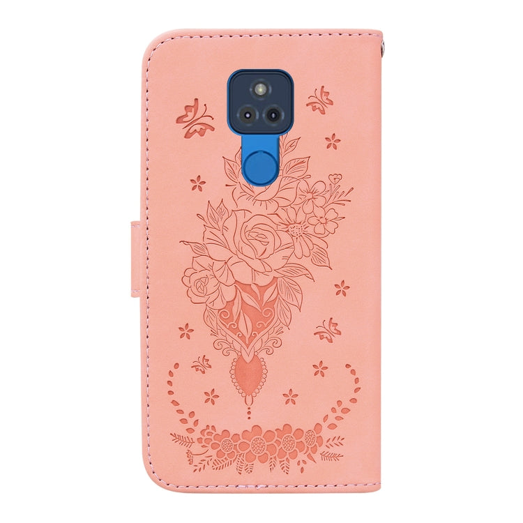 For Motorola Moto G Play 2021 Butterfly Rose Embossed Leather Phone Case