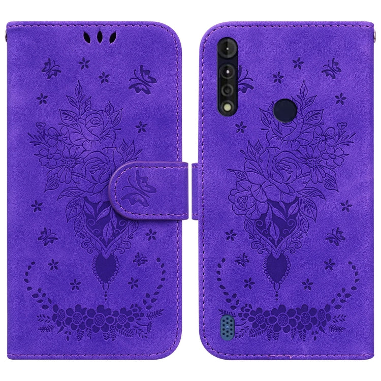 For Motorola Moto G8 Power Lite Butterfly Rose Embossed Leather Phone Case