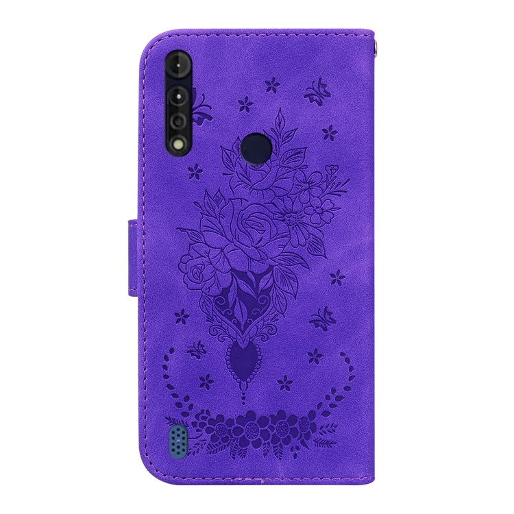 For Motorola Moto G8 Power Lite Butterfly Rose Embossed Leather Phone Case