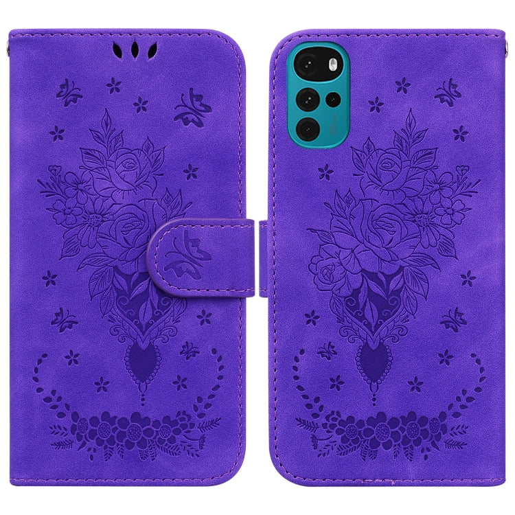 For Motorola Moto G22 Butterfly Rose Embossed Leather Phone Case