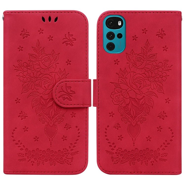For Motorola Moto G22 Butterfly Rose Embossed Leather Phone Case