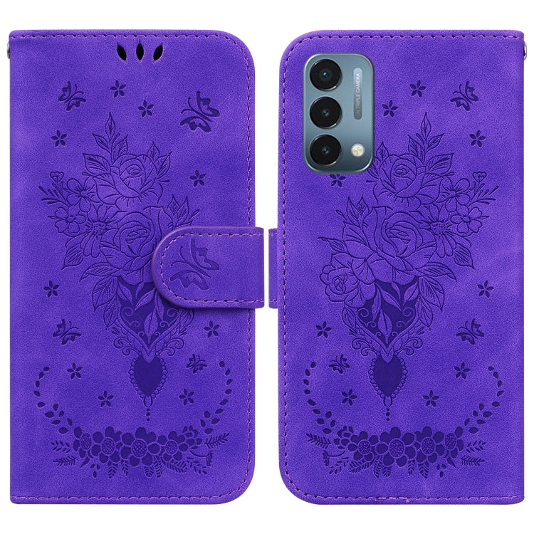 For OnePlus Nord N200 5G Butterfly Rose Embossed Leather Phone Case