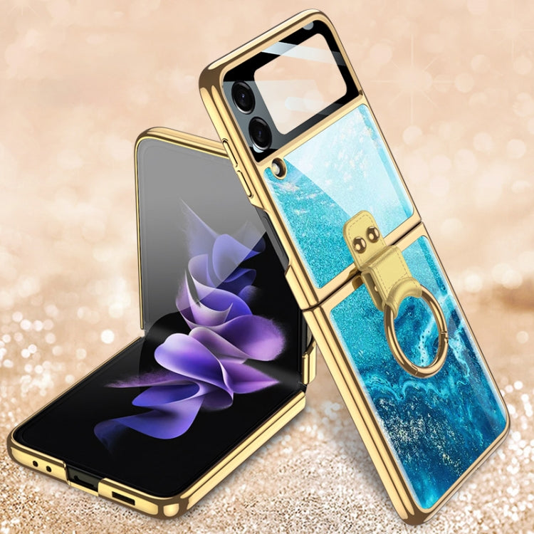 For Samsung Galaxy Z Flip3 5G GKK Electroplating Tempered Glass Painted Phone Case with Ring Holder