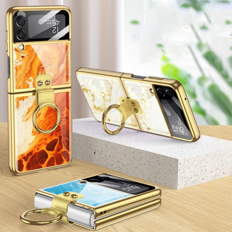 For Samsung Galaxy Z Flip3 5G GKK Electroplating Tempered Glass Painted Phone Case with Ring Holder