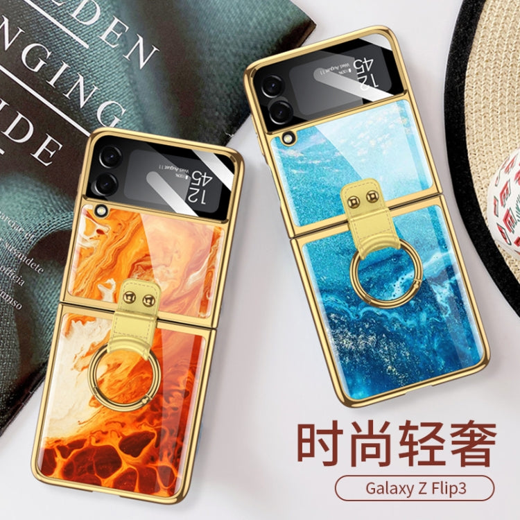 For Samsung Galaxy Z Flip3 5G GKK Electroplating Tempered Glass Painted Phone Case with Ring Holder