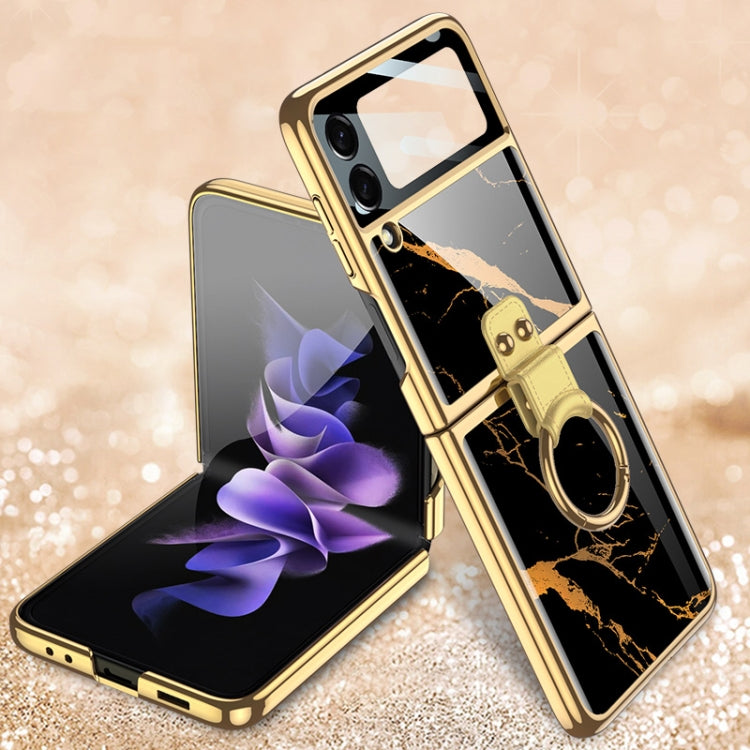 For Samsung Galaxy Z Flip3 5G GKK Electroplating Tempered Glass Painted Phone Case with Ring Holder