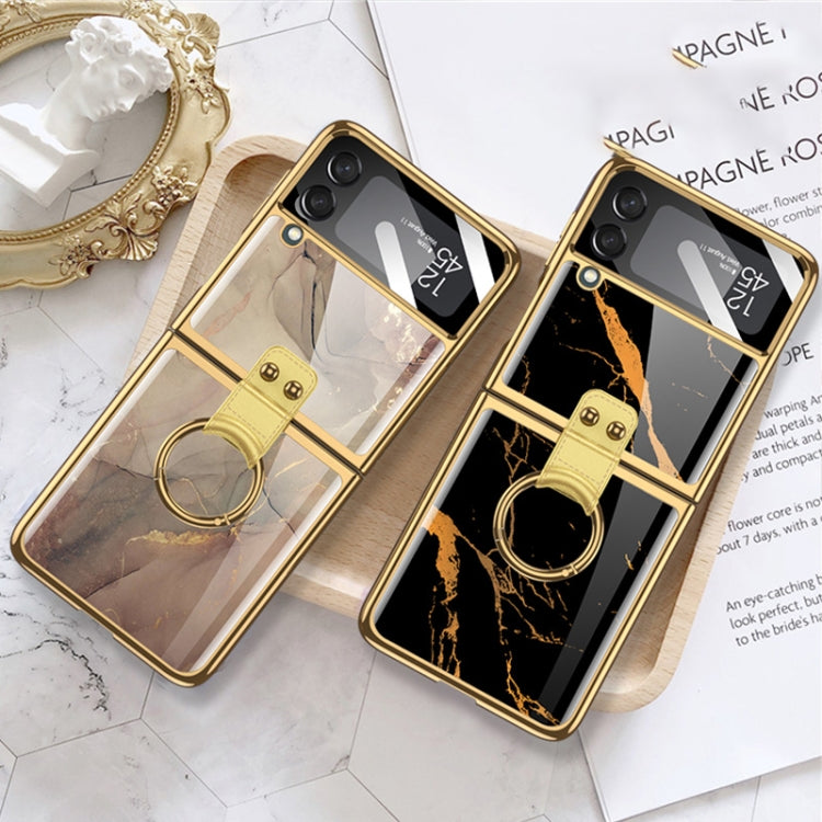 For Samsung Galaxy Z Flip3 5G GKK Electroplating Tempered Glass Painted Phone Case with Ring Holder