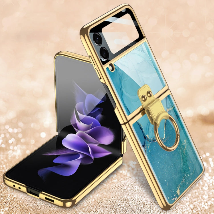 For Samsung Galaxy Z Flip3 5G GKK Electroplating Tempered Glass Painted Phone Case with Ring Holder