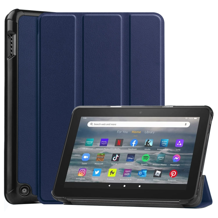 For Amazon Kindle Fire 7 2022 Custer Pure Color 3-Fold Holder Smart Leather Tablet Case