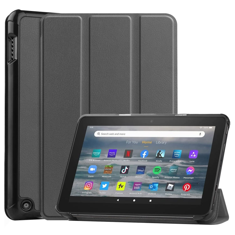 For Amazon Kindle Fire 7 2022 Custer Pure Color 3-Fold Holder Smart Leather Tablet Case