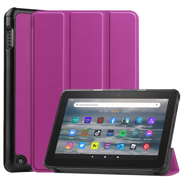For Amazon Kindle Fire 7 2022 Custer Pure Color 3-Fold Holder Smart Leather Tablet Case