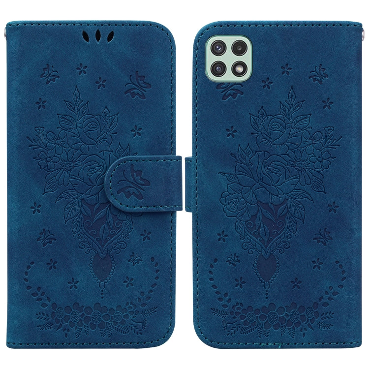 For Samsung Galaxy A22 5G Butterfly Rose Embossed Leather Phone Case