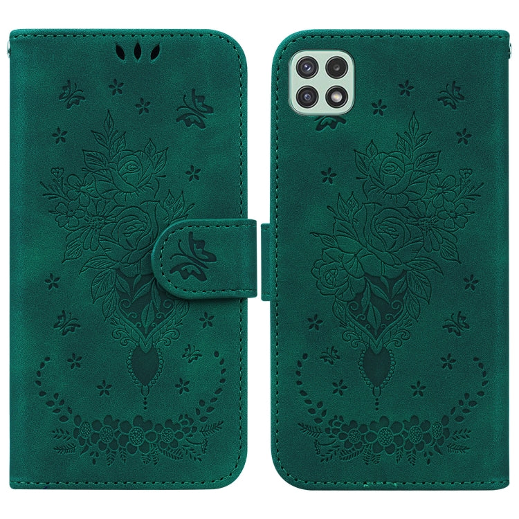 For Samsung Galaxy A22 5G Butterfly Rose Embossed Leather Phone Case
