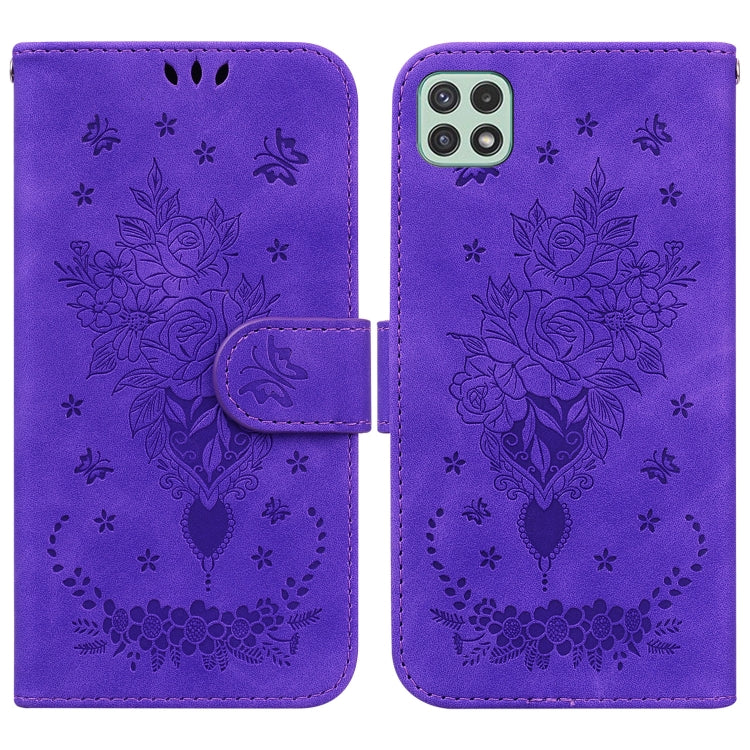 For Samsung Galaxy A22 5G Butterfly Rose Embossed Leather Phone Case