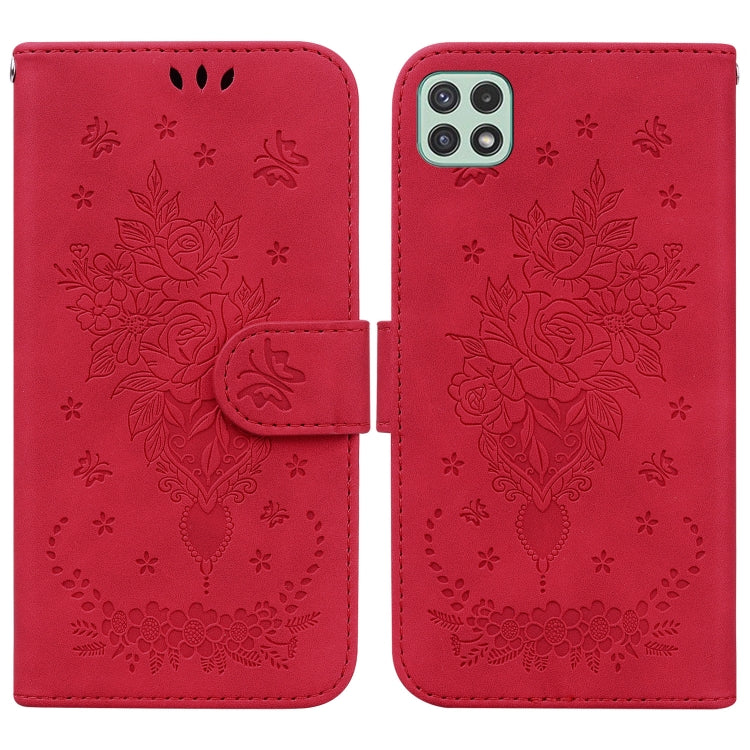 For Samsung Galaxy A22 5G Butterfly Rose Embossed Leather Phone Case