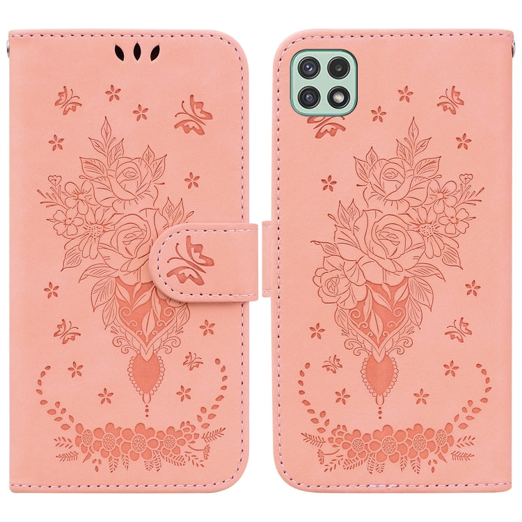 For Samsung Galaxy A22 5G Butterfly Rose Embossed Leather Phone Case