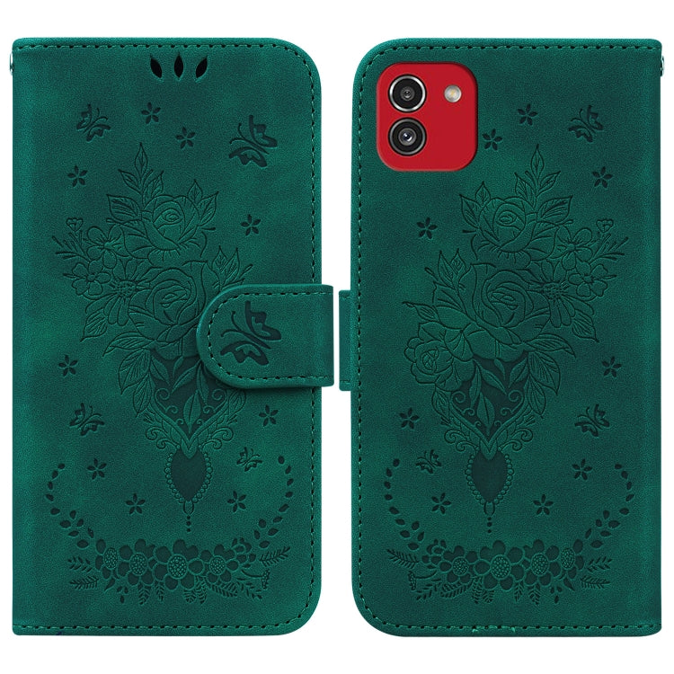 For Samsung Galaxy A03 166mm Butterfly Rose Embossed Leather Phone Case
