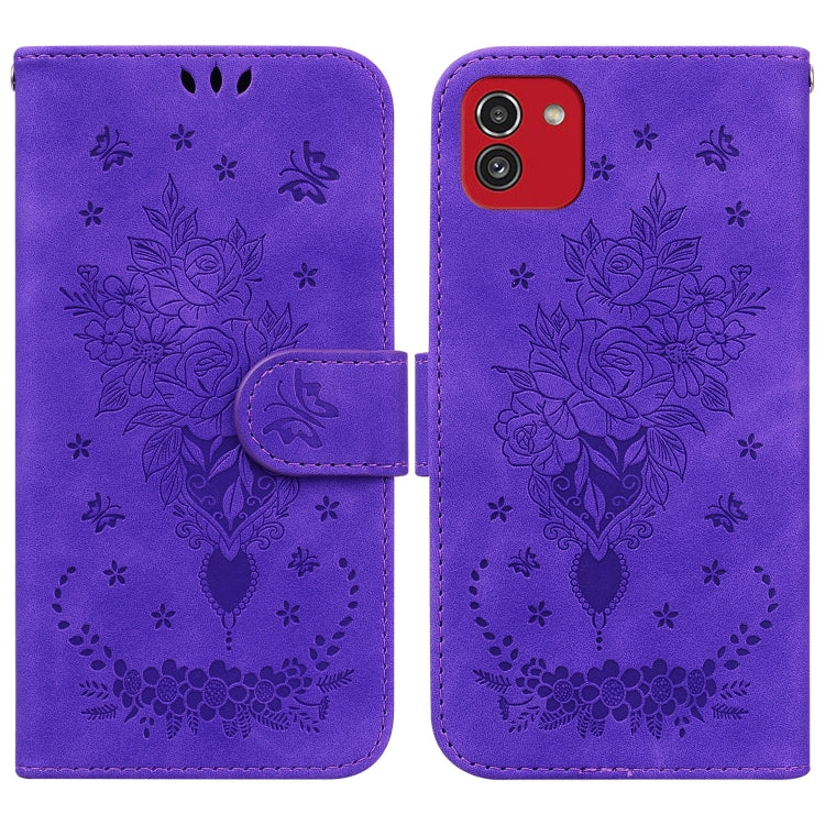 For Samsung Galaxy A03 166mm Butterfly Rose Embossed Leather Phone Case